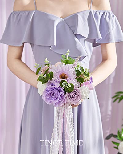 Tinge Time 7 Inch Purple Wedding Bouquets For Bridesmaid, Set Of 4, Artificial Flowers Cascading Bridal Bouquet For Wedding Ceremony Anniversary, Bridal Shower And French Rustic Vintage Wedding #TOP4