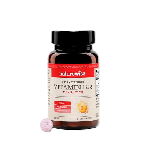 NatureWise Vitamin B12 Extra Strength 2500mcg - B12 Supplement for Energy + Mental Clarity & Nervous System Support - Easy-to-Swallow Vegan & Non-GMO - USA Manufactured - 60 Tablets[60-Day Supply]