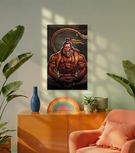 Image of SAF Lord Hanuman Meditation Wall Poster | Powerful Bajrangbali Yogic Art Print | Premium Sparkle Laminated Waterproof Vinyl Poster | Unframed Spiritual Wall Decor 12 x 18 inch