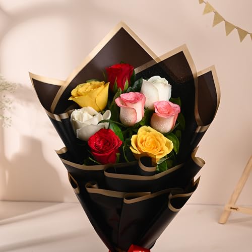 Image of FlowerAura Premium Fresh Live Flower Bouquet of 8 Mix Roses In Designer Paper Gift For Birthday | Anniversary | Love | Home Decor | Fathers Day Gift For Dad (Same Day Delivery)