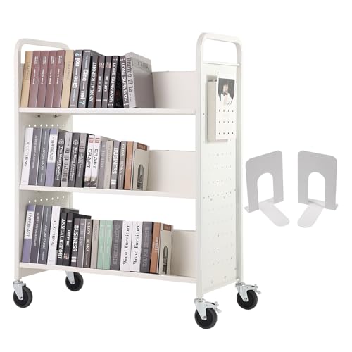 Image of VEVOR Book Cart, 330 lbs Library Cart, 39.4 inch x 20.1 inch x 49.2 inch Rolling Book Cart, Double Sided W-Shaped Sloped Shelves with 4-Inch Lockable Wheels for Home Shelves Office School, Book Truck in White | for Home Shelves Office School, Book Truck, Double Sided W-Shaped Sloped Shelves, Flexible with 4-Inch Lockable Wheels, White