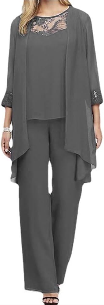 3 点衣装花嫁の母のドレスパンツスーツカーディガンシフォンフォーマルエレガントなセット女性の結婚式のゲスト (Color : Gra