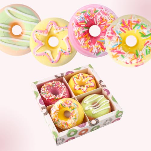 Calyza Natural Handmade Donut Bath Bombs, 4-Pack Fizzy Spa Gift Set for Women and Kids, Moisturizing Bubble Bath Bombs for Self-Care