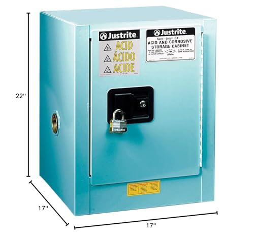 Image of Justrite Acid Corrosive Storage Cabinet - 4 Gallon 1 Door Self Close Chemical Storage Cabinet with Removable Polyethelene Trays - 17 inch x 22 inch x 17 inch - Made in The USA - Light Blue - 890422