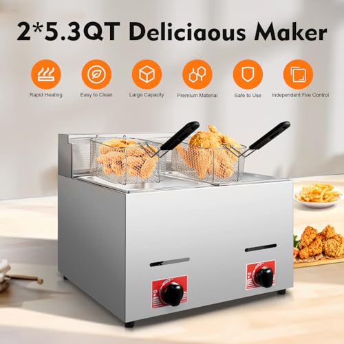 Commercial Gas Deep Fryer, 12L Dual Tank Countertop Stainless Steel Deep Fryer Machine Kitchen Frying Machine w/2 Removable Baskets & Lid, Double Fryer for Home, Returant (Style 2)