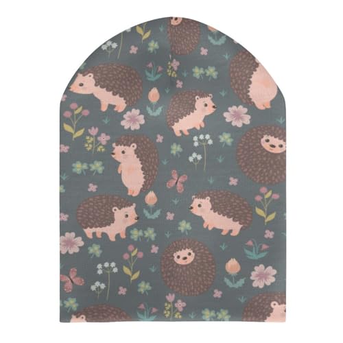 Cute Hedgehog and Flowers Pattern Kids Beanie Hat for for Girls Boys Children Cap Winter Knitted Chemo Cancer Headwear Accessories Gifts Decoration Black3