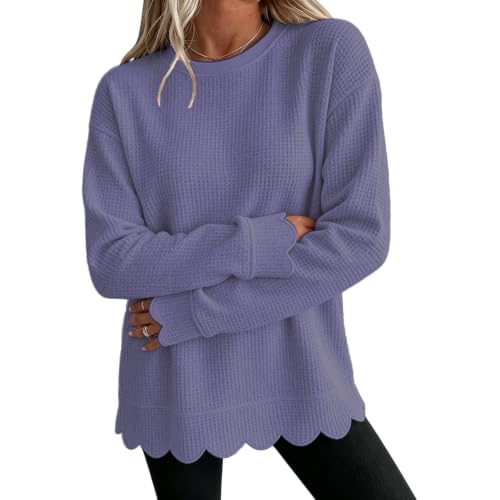 Jielayou Waffle Sweatshirt Women Scalloped Hem Crewneck Comfy Pullover Tops - image 1