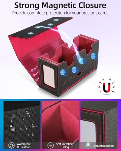Image of MTG Deck Box, MTG Commander Card Deck Box with Commander Display, Fits 250+ Single Sleeved, Double Card Storage Box with Dice Tray, Magnetic Card Storage Case for CCG TCG Sports Cards, Black Red