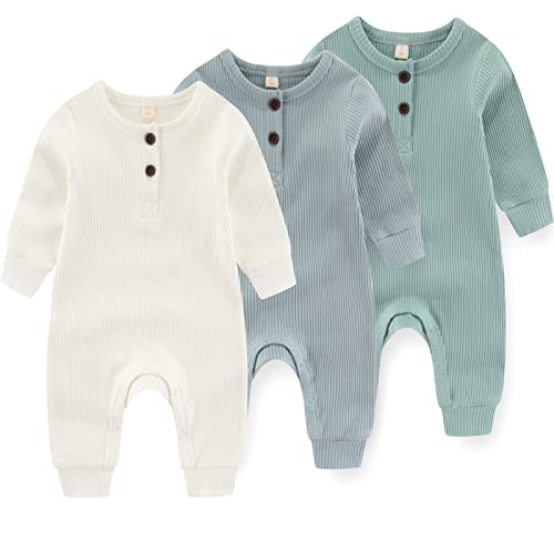 Image of IADOER Newborn Baby Boys Girls One Piece Romper With Mitten Cuffs 3 Pack Long Sleeve Ribbed Button Jumpsuit Outfit Clothes