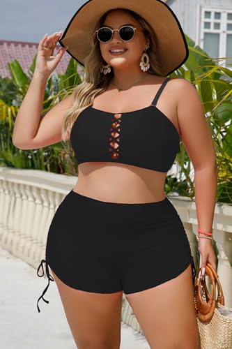 YELAIVP Women's Plus Size Bikini Set Two Piece High Waisted Swimsuits Tummy Control Bottom Bandeau Bathing Suit2