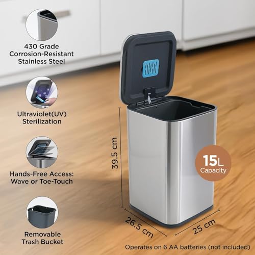 Image of Kuber Industries 15L Stainless Steel Automatic Touchless Motion Sensor Dustbin | Quick Open, Soft Close Lid Garbage Bin for Kitchen & Bathroom | Indoor & Outdoor Trash Can