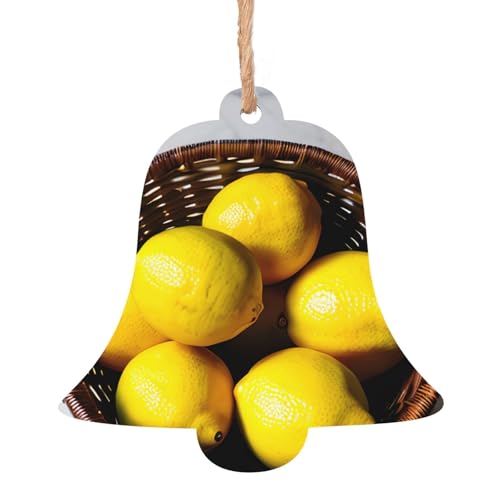 Adornos de madera de Navidad en forma de campana, una cesta con estampado de limones, decoración del hogar, árbol de Navidad, oficina, chimenea, decoración de fiesta