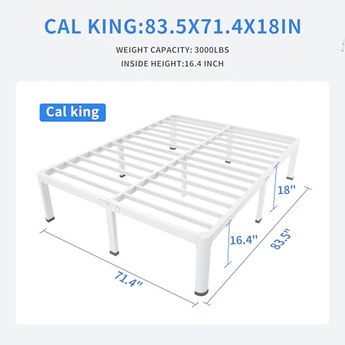 MAF 18 Inch California King Bed Frame White with Round Corner Legs Mattress Slide Stopper No Box Spring Needed Heavy Duty Metal Platform Bed Frames, 3000 LBS Steel Slats Support