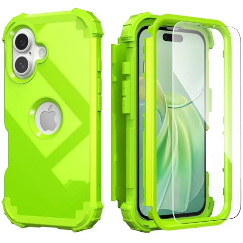 IDweel for iPhone 16 Plus Case with Screen Protector,Luxury 3 in 1 Shockproof Slim Fit Hybrid Heavy Duty Hard PC Cover Soft Silicone Bumper Full Body Anti-Fingerprint Case,Glitter Grass Green