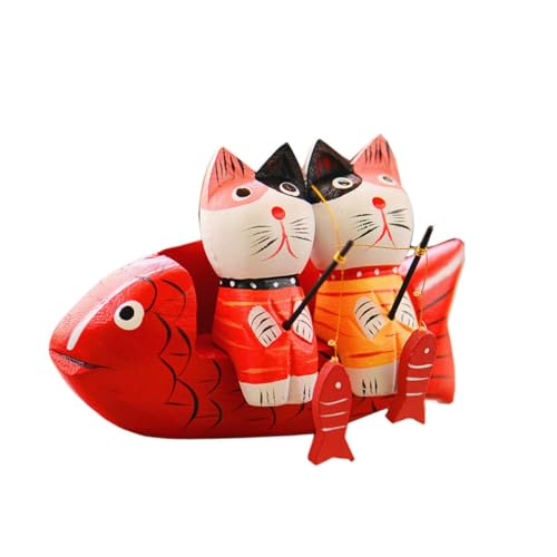 iplusmile 木製カップル猫置物 ミニ魚とベンチデスクトップオーナメント インテリア装飾 卓上飾り プレゼントに