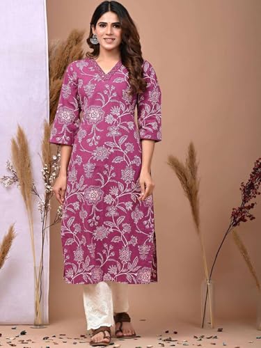 Image of Rimeline Women's Cotton Printed Kurta with Embellished V-Neck Design | Straight Fit Ethnic Wear for Office, Casual & Daily Use