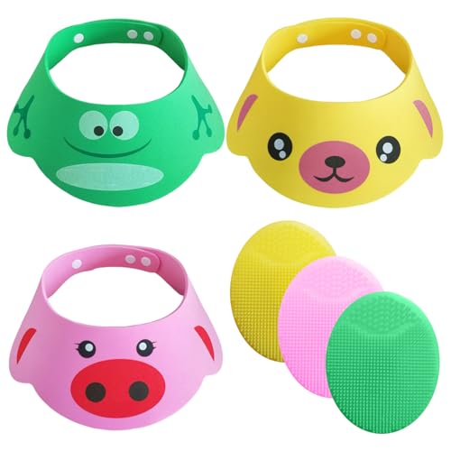 3 Gorros De Ducha Para Bebé Y 3 Cepillos De Champú De Silicona, Gorros De Ducha, Gorros De Ducha Ajustables, Cepillos De Limpieza Para Bañera Para Niños
