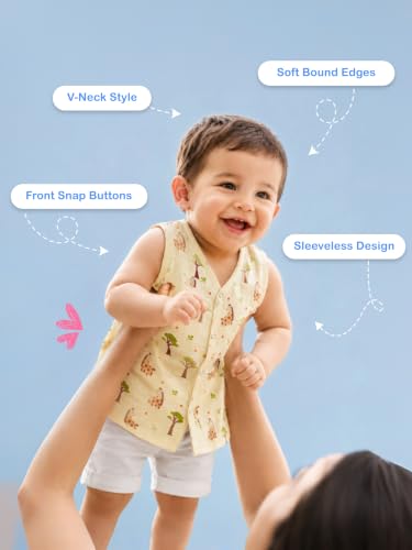 Image of Kidbea Bamboo Muslin Jhabla for Newborn Baby, V-Neck Sleeveless Button Jhabla Shirt, Soft Breathable Infant Kids Clothing for Summer Wear