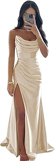 Women's Satin Bridesmaid Dresses Strapless Prom Dresses Long Pleated Mermaid Formal Party Dress with Slit UU29 - Buy now