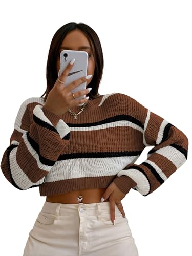 ZAFUL Women's Color Block Striped Sweater Crew Neck Lantern Sleeve Cropped Sweaters Casual Loose Knitted Tops