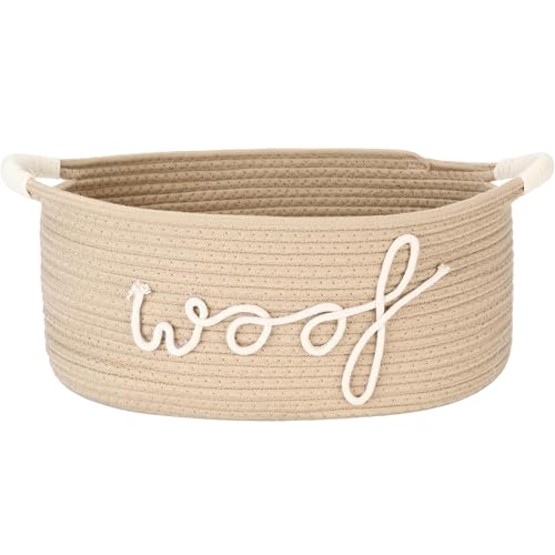 Sea Team Beige Cotton Rope Dog Toy Storage Basket Woof Print with Handles