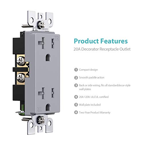 Webang 20-Amp 125V Decorator Wall Outlet, Tamper-Resistant Duplex Receptacle For Residential & Commercial Use, Wall Plate Included, 2-Pole, 3-Wire Self-Grounding, Etl Listed, 10 Pack Gray #TOP3