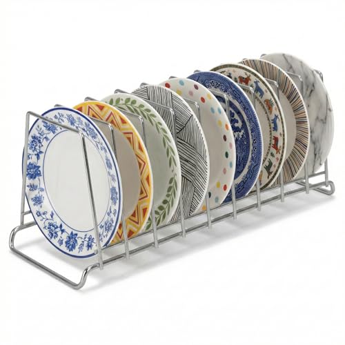 Image of Namani 9 Section Stainless Steel Plate Stand | Dish Organizer Rack for Kitchen Cabinet & Countertop | Rust Proof Plate Holder for Dishes, Thali & Lids (Silver)