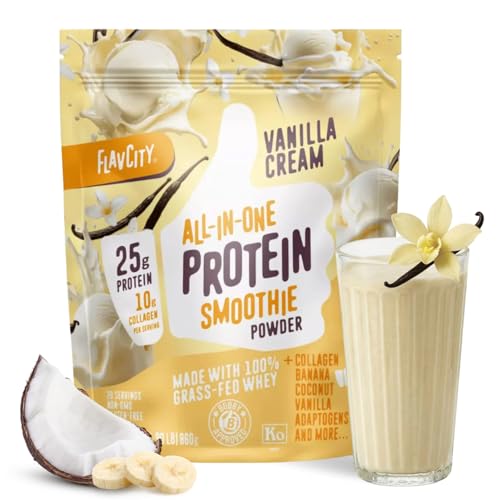 Image of FlavCity Vanilla All in One Protein Shake Powder - On the Go Meal Alternative + Collagen Peptides, Reishi & Cordyceps - Focus, Skin, Hair & Joint Support - 100% Grass Fed Whey, 20 Servings