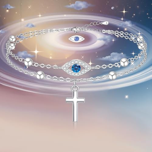 Image of Evil Eye Anklet Sterling Silver Infinity Lotus Flower Evil Eye Anklets for Women Ankle Bracelets Turkish Blue Eyes Protection Chain Jewelry