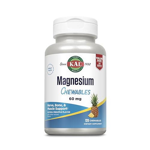 KAL Magnesium Chewables - Magnesium Citrate for Nerve, Muscle, and Bone Support - No Added Sugar, Vegan Magnesium Supplement - 60-Day Guarantee - Pineapple Flavor - 120 Servings, 120 Chewable Tablets