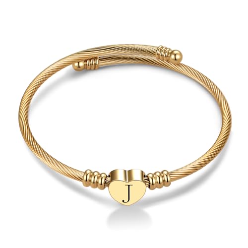 MiniJewelry Gold Love Heart Bangle Cuff Bracelet for Women Alphabet Letter Initial A to Z Family Name Stainless Steel, One Size, Stainless Steel, no gemstone