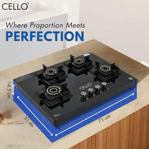 Image of Cello Pearl Plus Hob-Top 4 Burner | Manual Ignition | 8mm Toughened Glass | Flower Design Brass Burners | 1 Year Warranty by Cello | Black