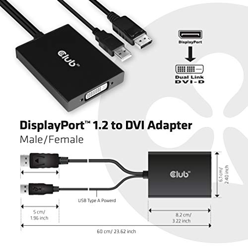 Club 3D CAC-1010 DisplayPort to DVI Dual-Link DVI-D Active Adapter for Your Monitor/Display - USB A Powered – 2560x1600 Resolution HDCP Supported NOT for Apple Cinema Monitors, Black - Thumbnail 3
