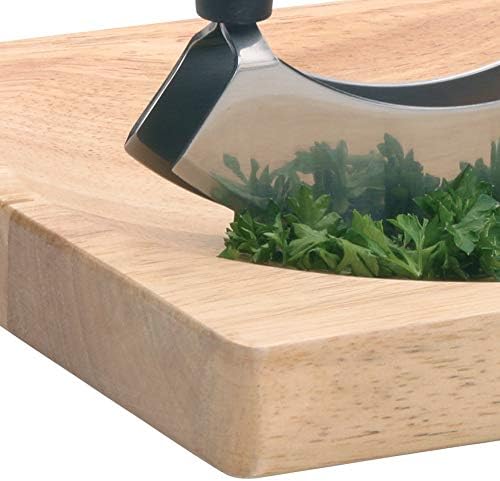 KitchenCraft Mezzaluna Chopper and Wooden Chopping Board, Stainless Steel Double Blade Knife / Wood, 2 Piece Set, Silver/Black