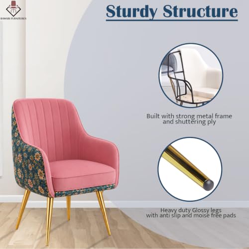 Image of Set of 2 Accent Chair for Living Room | Modern Armchair in Soft Velvet Fabric with Sturdy Legs | Premium Chair for Home Living Room Bedroom Restaurent | (Gold Legs, Pink Floral)