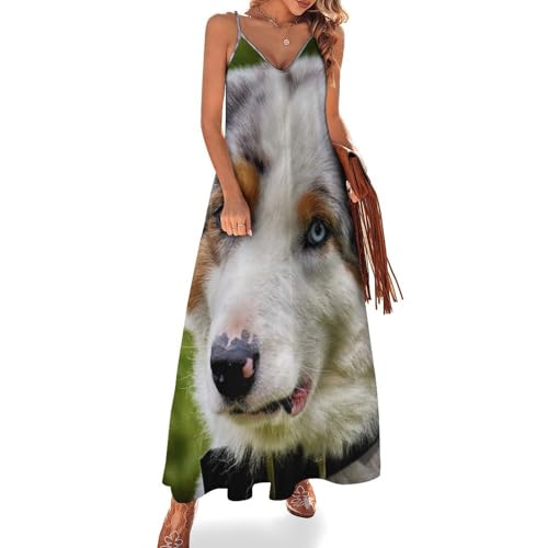Robe longue d'été sans manches Chien Mignon - Robe maxi col V décontracté robe de plage
