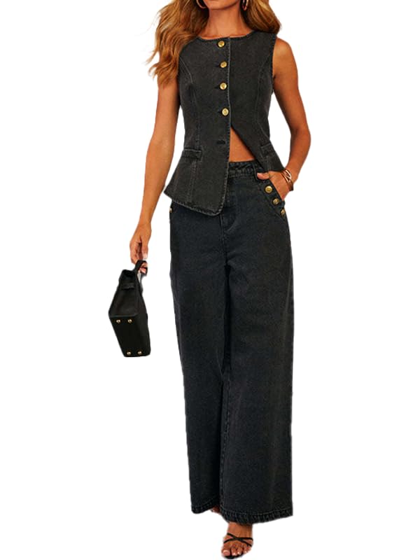 DEPENSL Women's Denim 2 Piece Set Casual Business Sleeveless Jean Blazer Vest Tops and Shorts Outfit Tracksuits
