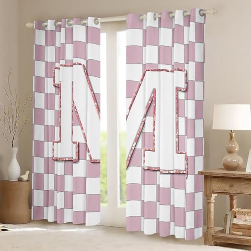Image of Erosebridal Pink Initial M Window Curtains 52 inch Wx84 L Kawaii Plaid Checkered Blackout Curtains for Kids Girls Bedroom,Cute Personalized Monogram Window Treatments Grids Gingham Drapes Decor 2 Panels