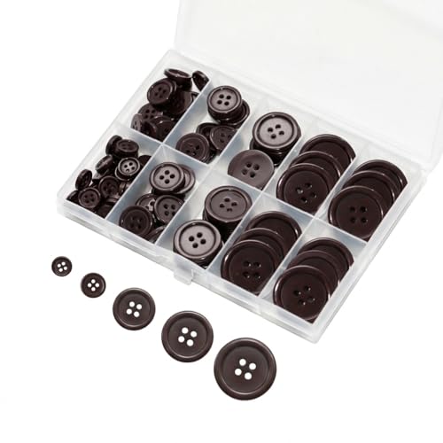 Lilaly 100 pcs Dark Brown Buttons for Crafts, 5 Sizes Mixed Round Sewing Buttons for Clothes, Suitable for for DIY Crafts, Coats, Shirts, Pants, Shorts