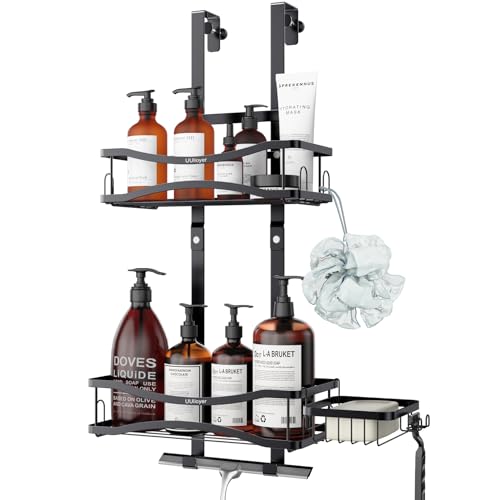 UUlioyer Etagere Douche à Suspendre avec Porte-Savon, Rangement Douche sans Percage pour le gel Douche et le Shampooing, Noir