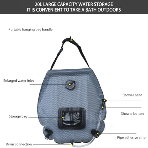 Bolsa de Ducha Solar para Camping, 5 Gal/20L, Bolsa de Calentamiento con Energía Solar, Diseño a Prueba de Fugas, Cabezal con Interruptor On-Off, Ideal para Camping, Senderismo, Viajes y Playa miniatura 2