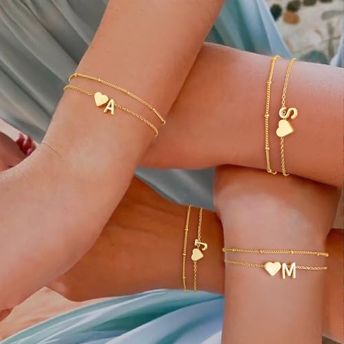 Image of M MOOHAM Easter Basket Stuffers Gifts for Kids Teens Girls - 14K-Gold-Plated Heart Initial A-Z Bracelets for Women Girl Dainty Gold Bracelets Birthday Easter Gifts for Women Teenage Girls Kids Teens