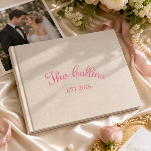 Image of Custom Embroidered Wedding Guest Book with Last Name Linen Hardcover Album