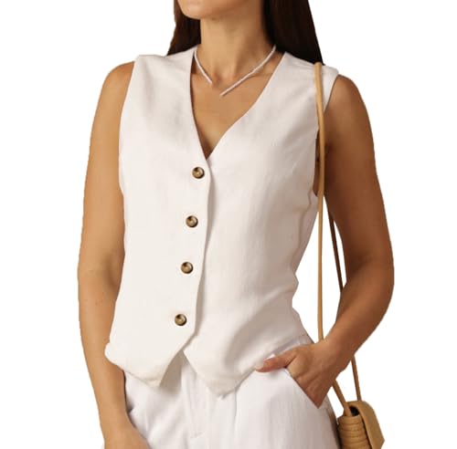 Chaleco para mujer, de lino, con cuello en V, con botones, para negocios, trabajo, vacaciones, sin mangas, blazer, chaqueta, Jardín Blanco/Opulento, M