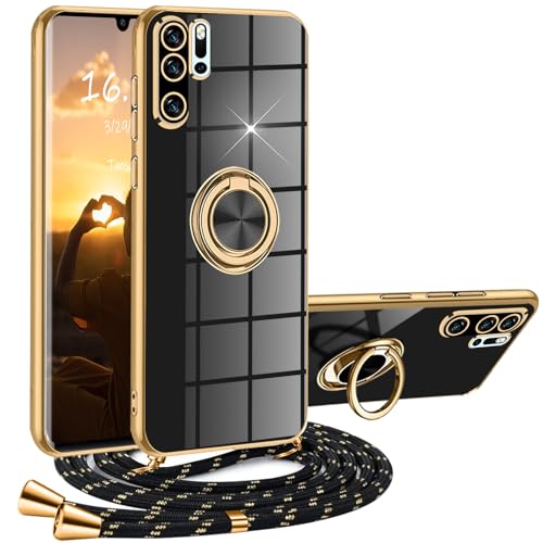 XCYYOO Funda Huawei P30 Pro con Cuerda, Funda Huawei P30 Pro con Colgante Ajustable Collar Carcasa Correa Silicona TPU Bumper Anti-caída Huawei P30 Pro con 360° Anillo Soporte,Negro