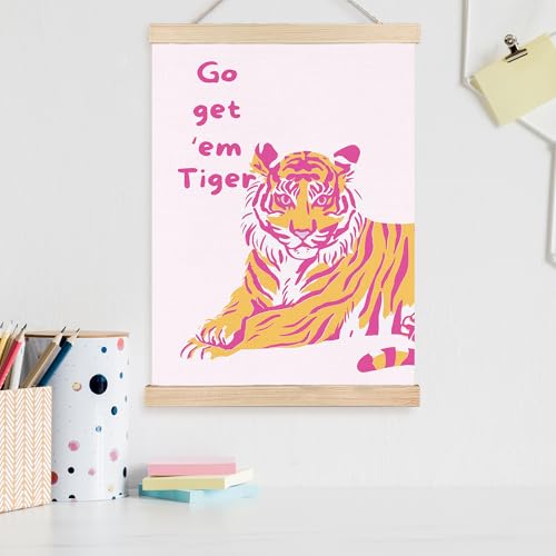 Image of PQKIY Preppy Pink and Orange Tiger Wall Art Poster Hanger Frame 12x16 in, Trendy Girly Y2K Aesthetic Pink Tiger Wall Decor Canvas Prints for Teen Girls Room Dorm Apartment
