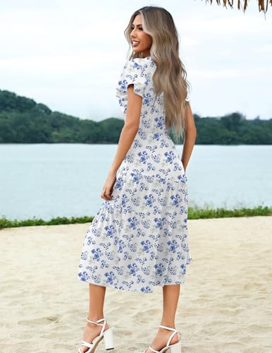 Image of Zeagoo Women's Summer Casual Dress Flutter Short Sleeve V Neck Button Down Tiered Flowy Long Dress with Pockets
