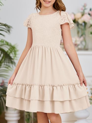HOSIKA Girls Lace Flower Boho Ruffle Sleeve A-Line Tiered Summer Dress for Wedding Party with Pockets2
