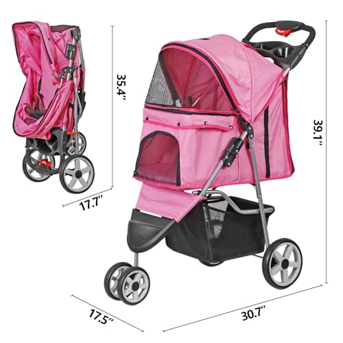 Epetlover 3 Wheels Dog Stroller Folding Pet Strolling Cart for Small Medium Cats Puppies Portable Jogger Travel Camping Puppy Carrier with Storage Basket Cup Holder, Pink