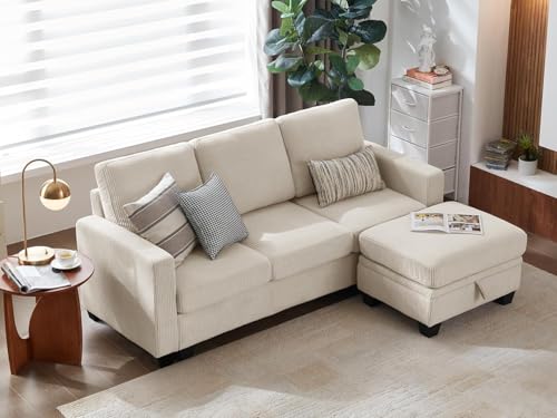 Image of CHIC HOUSE Modular Sectional Sofa with Storage Ottomans, Corduroy Cloud Couch for Small Spaces & Apartments, Reconfigurable L /U Shaped Convertible Corner Sofa, Beige, 4 Seater Sectional